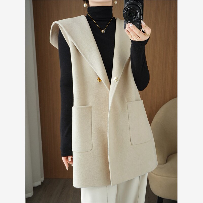 Autumn and Winter Women's 100% Wool Coat, Mid-Length Double-Sided Velvet Vest, Hooded Jacket, Sleeveless Woolen Top