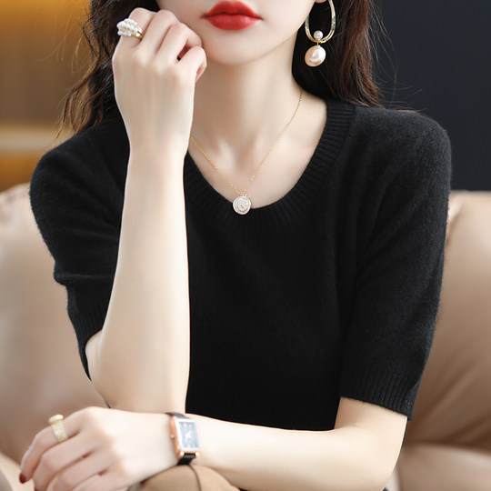 Otoño e invierno 2022 Cuello redondo Cachemira de manga corta Suéter suelto para mujer Camisa de fondo fino 100% lana pura tejida Mujer de manga media