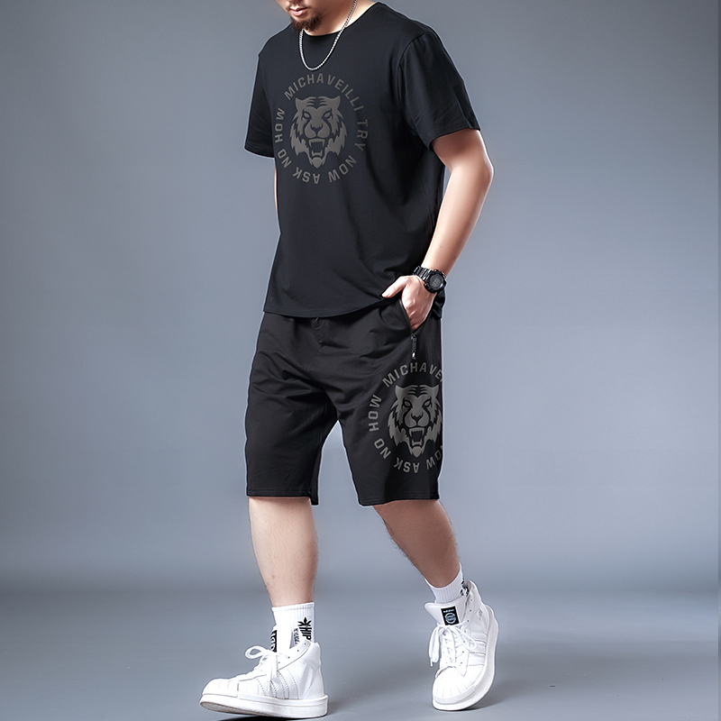 trendy fat summer casual suit men's fattening plus loose capris two piece one suit large sportswear