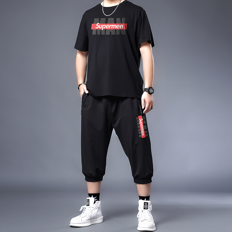 trendy fat summer casual suit men's fattening plus loose capris two piece one suit large sportswear