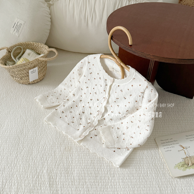 Baby Spring and Autumn Pure Cotton Cherry Knit Sweater for Girls, Cardigan, Children's Air-Conditioning Shirt, Breathable Jacket Top