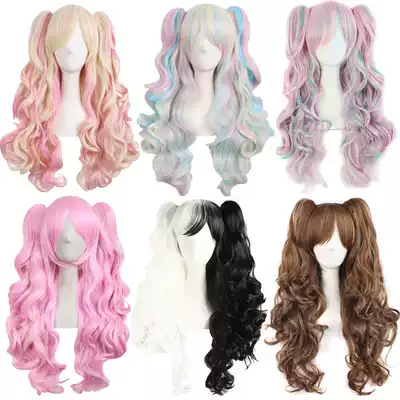 Lolita wig female long hair Lolita Loli clip double ponytail curly hair Blue pink anime cos full headgear