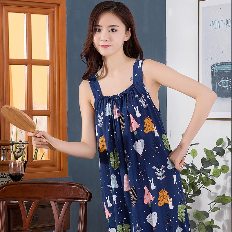 Váy ngủ nữ dây treo mùa hè sexy dễ thương đồ ngủ cotton lụa cotton tinh khiết cô gái váy dây dịch vụ tại nhà - Đêm đầm