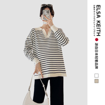 Japanese ELSA KEITH maternity wear autumn new sweater long-sleeved fashion high-end striped knitted top