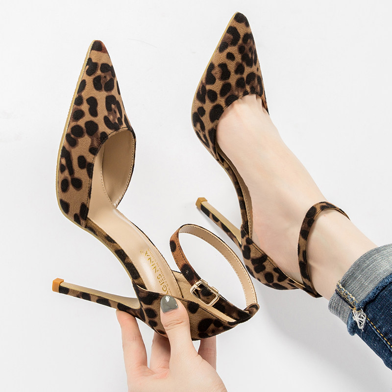 European Style 2026 New Leopard Print High Heels Women's Stiletto Pointed Toe Sexy Single Shoes Open Toe Strappy Sandals