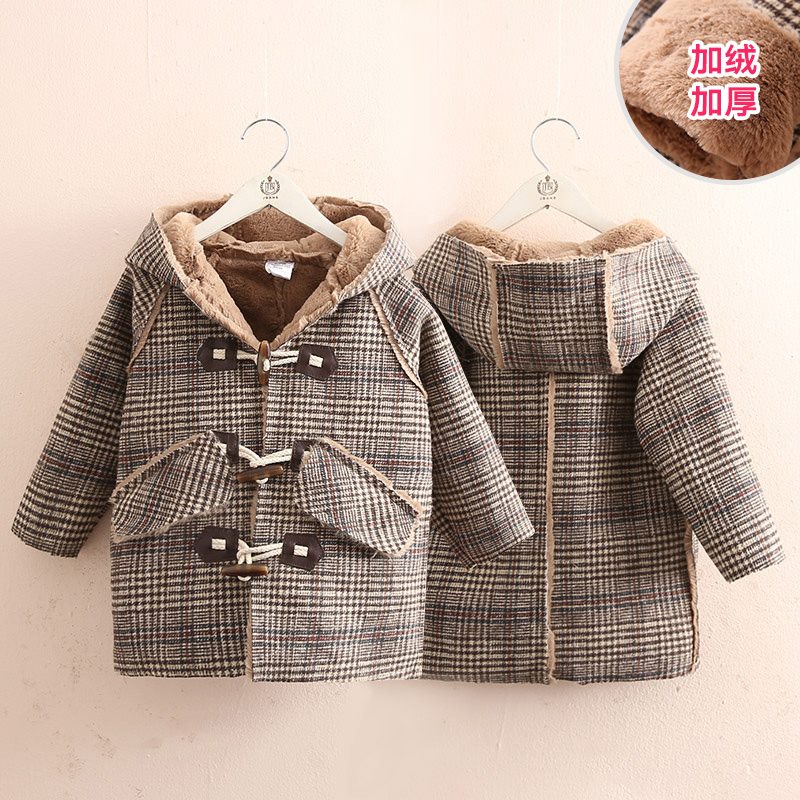 Korean baby plaid wool 2019 winter new middle and small children's children's clothing Children's velvet thickened coat