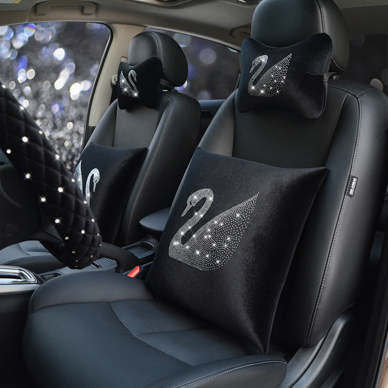 Car pillow diamond-studded swan cute four seasons universal fashion plush car neck pillow waist pillow pillow