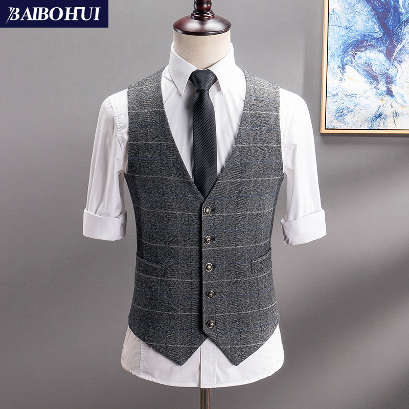 Spring and Autumn New Men's Plaid Suit Vest Korean Style Slim Fit Youth Business Fashion Vest Men's Waistcoat Trendy