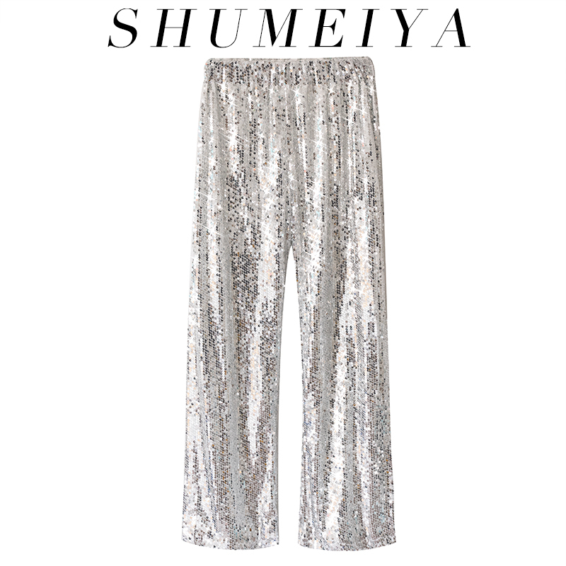 European and American Heavy-Duty Silver Glitter Sequin Long Pants, Internet Celebrity Nightclub Dance Performance Loose Wide-Leg Pants for Women