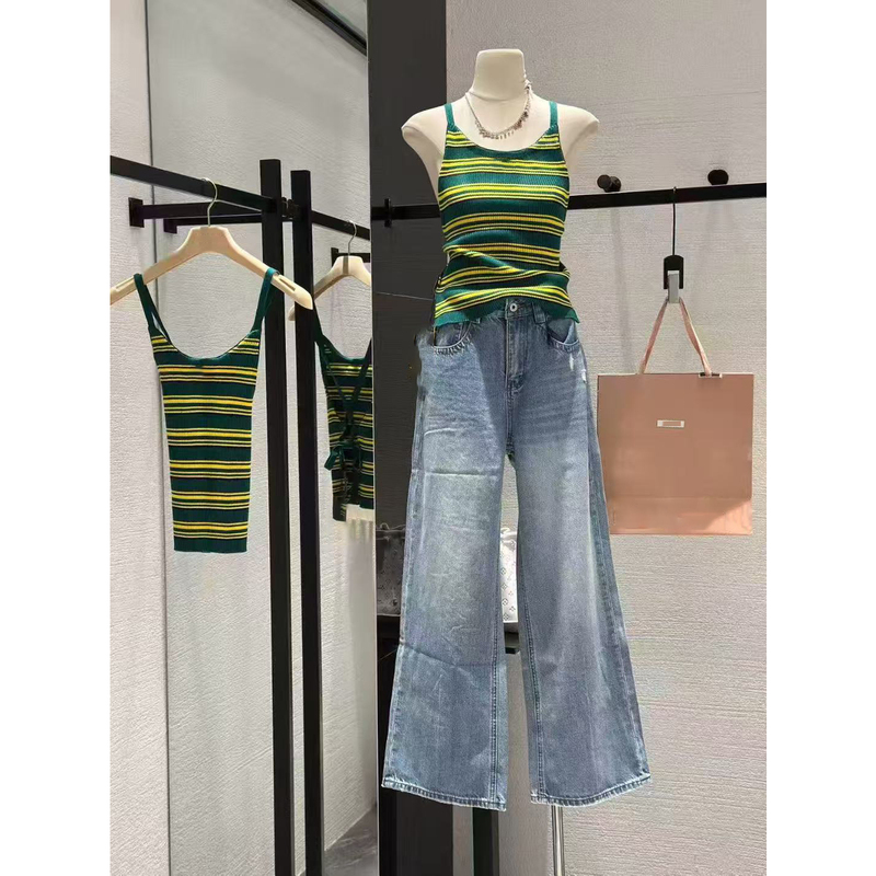 Ueelook Color-Blocked Lace-Up Backless/Striped U-Neck Knit Vest