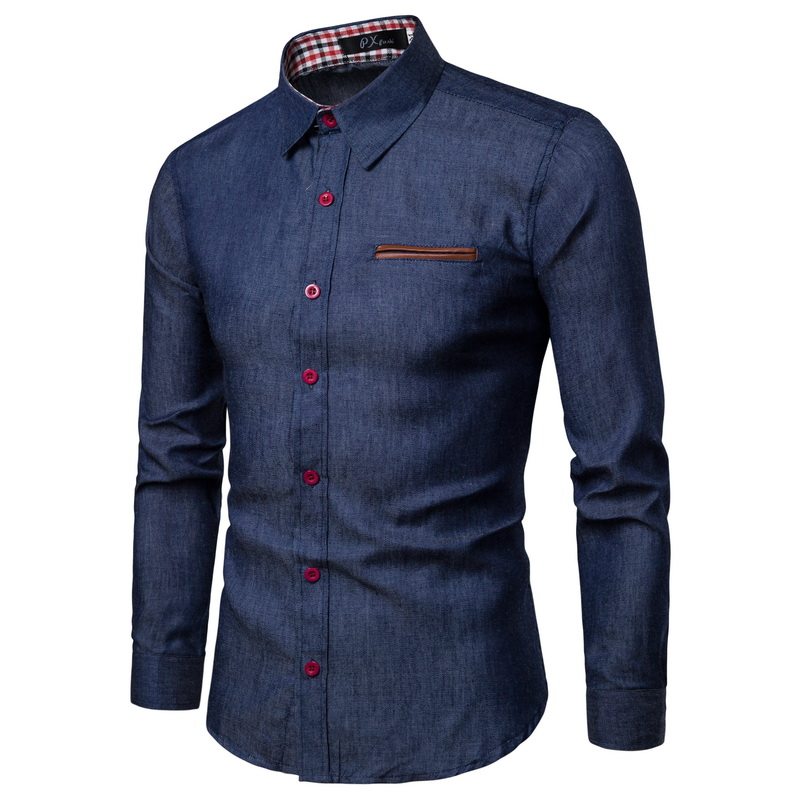 Heren spijkeroverhemd patchwork casual lange mouwen trendy_voghion.com