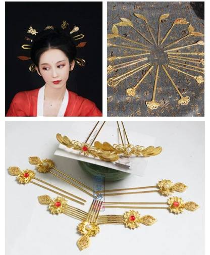 Phong cách cổ xưa của phong cách nhà Đường bắt chước nhà tài trợ Đôn Hoàng Kim Ye Zi kẹp tóc Han quần áo đầy ngực váy cô dâu đội mũ trang phục cos - Phụ kiện tóc