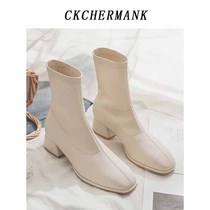 Little ckerwin2022 new winter thick heel elastic white slim boots short boots womens boots womens mid-calf boots