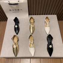 Small ckerwin camellia Mary Jane shoes 2024 summer new versatile one-word buckle strap bright pointed toe sandals