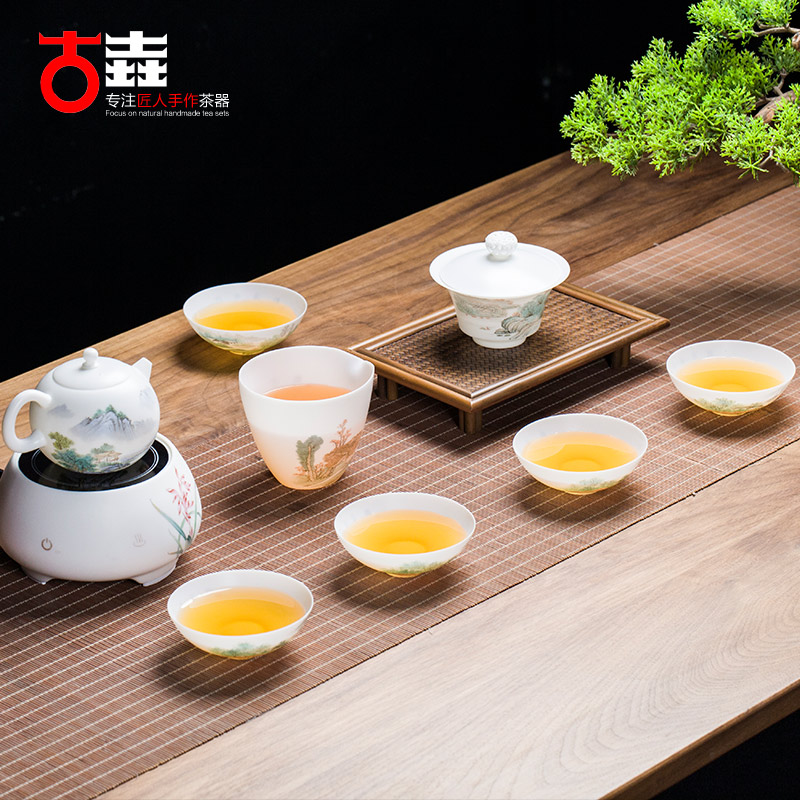 Ancient Xu Ruiqing Handcrafted white porcelain tea set Set Jingdezhen Hand-painted Tea Set Group 1mm Thin Tire Porcelain-Taobao