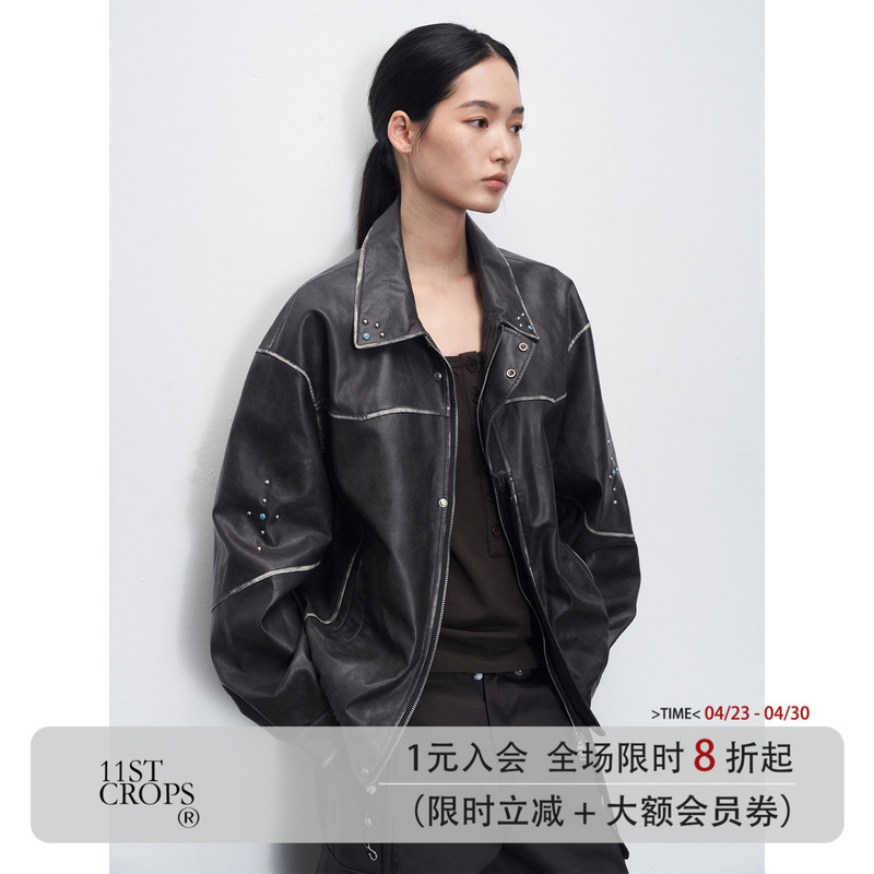 11St Crops*Leather Jacket Washed and Distressed Vintage Rivet Leather Jacket