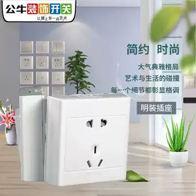 Bull surface mounted socket switch panel five-hole 86 type household wall ultra-thin white porous socket with open wire box
