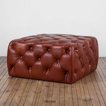American wine red leather shoe stool retro cloakroom stool square sofa stool living room cowhide Pier foot pedal