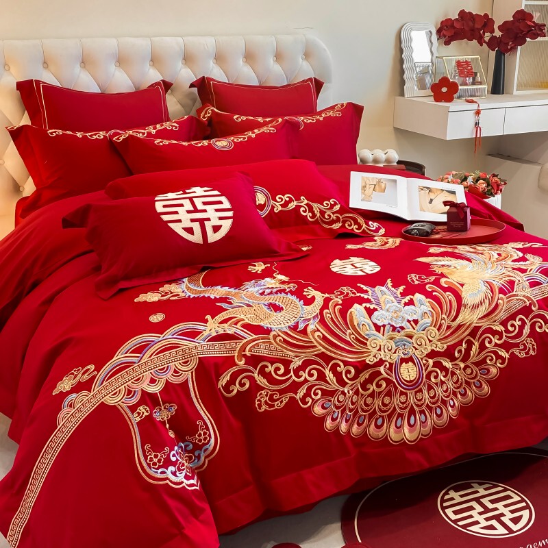 Wedding Four-Piece Set Festive Red Pure Cotton Double Happiness Dragon and Phoenix Duvet Cover Bed Sheet New Wedding Celebration Bedding
