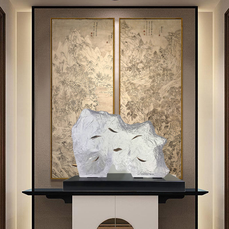 SAMPLE HOUSE DISPLAY CENTRAL-LIKE BOARD ROOM SPACE DECORATION MODERN CHINESE STYLE TRANSLUCENT ENLARGE STONE BASE TWISTED SCULPTED PLASTIC PENDULUM PIECE