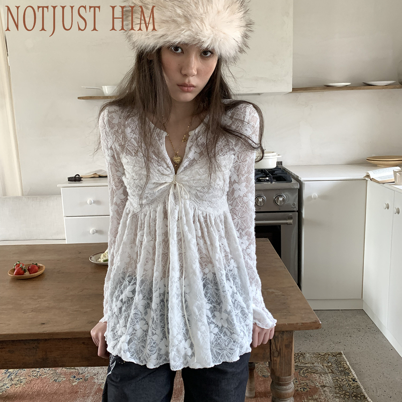 Flower Raft Notjusthim《Camellia》French Jacquard Lace Stretch Knitted Lace-Up Long-Sleeved Bottoming Shirt
