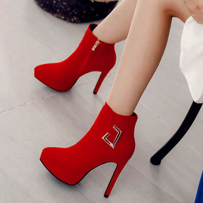 Red 12-centimeter high heels for girls, feminine style, wedding slender ankle boots, women's waterproof platform, pointed toe, versatile women's boots