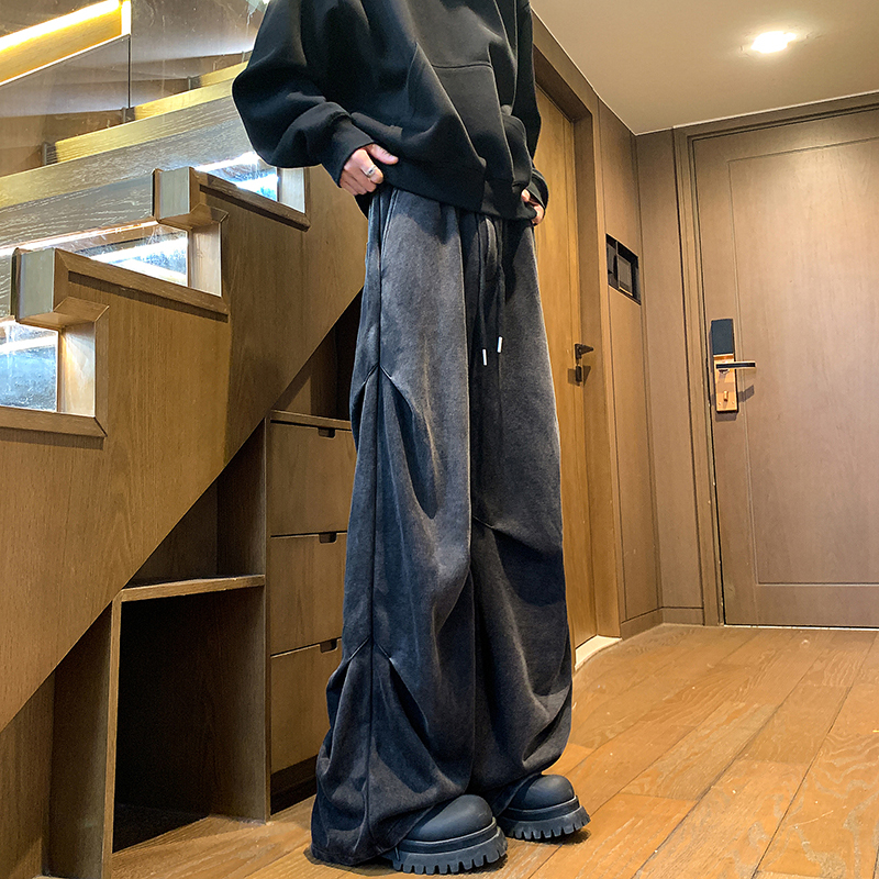 Men's Sweatpants for Autumn and Winter, Washed, Loose, Straight-Leg, Floor-Length, Plus Size, for Tall Individuals, Extra Long, Sporty, Fleece-Lined, Thickened Pants