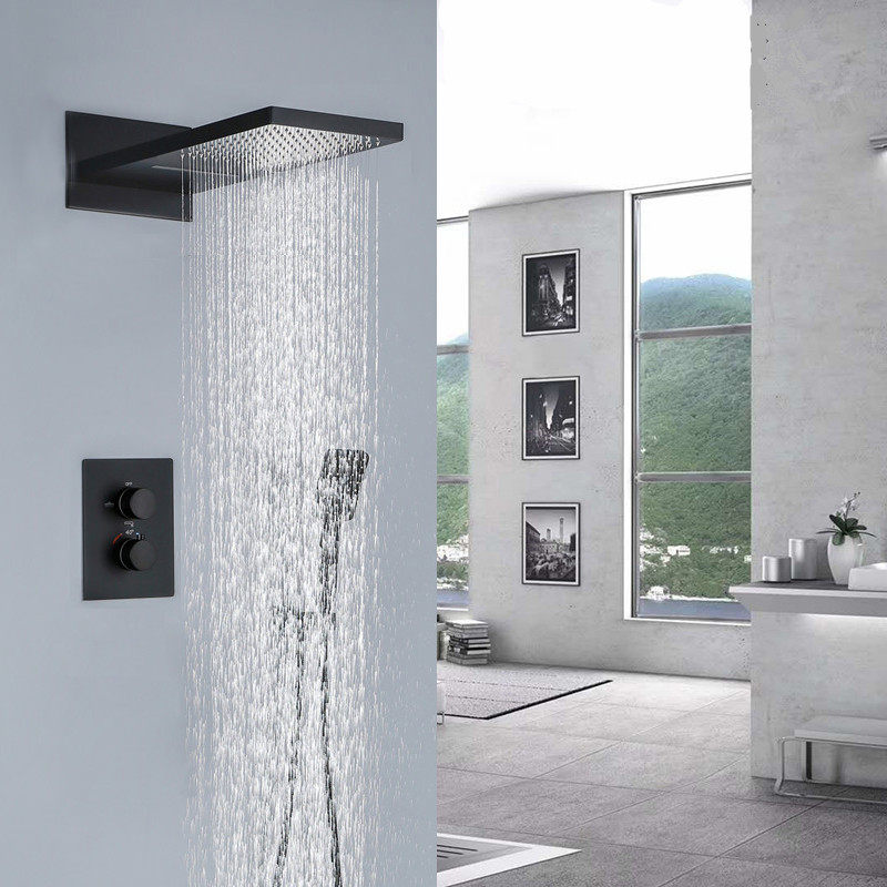 German contemporary constant temperature concealed rainfly waterfall shower into the wall gun ash hot melt black hot and cold water embedded