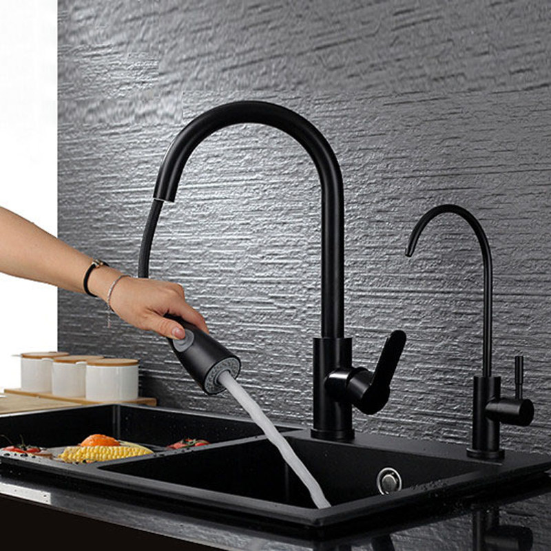 German contemporary high-end 304 stainless steel black kitchen cramp swivel tap hot and cold wash dishes washing dishes sink