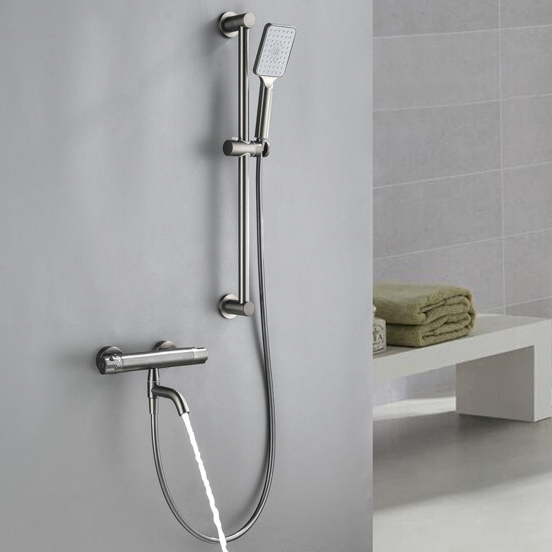 German contemporary high-end all-copper gun grey bathroom hanging wall type thermostatic shower bath faucet shower head suit