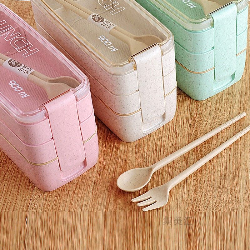 Wheat Fiber Girls Elementary School Students Work Class Lunch Box Cute Portable Day Style Triple Layer Lunch Box Delivered Cutlery Mini