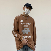 The retro hip-hop letter stamped locomotive long sleeve T-shirt male country tide leisure round neck fried street coat