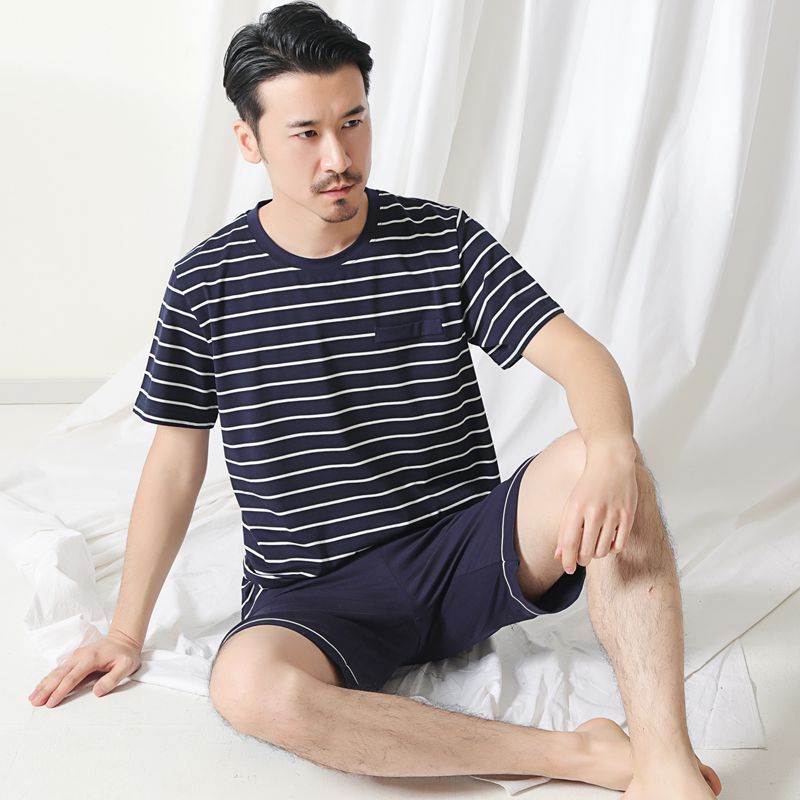 Summer cotton men's pajamas men's thin short-sleeved shorts Summer stripes middle-aged dad large size home wear suit