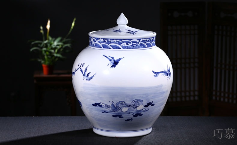 Qiao mu jingdezhen ceramic barrel ricer box storage tank hand under glaze blue and white color tea cylinder adornment ornament porcelain altar