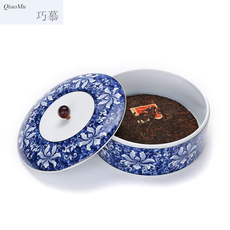 Qiao mu large puer tea box of blue and white porcelain ceramic tea pot tea POTS of tea cake box sealing detong to wake
