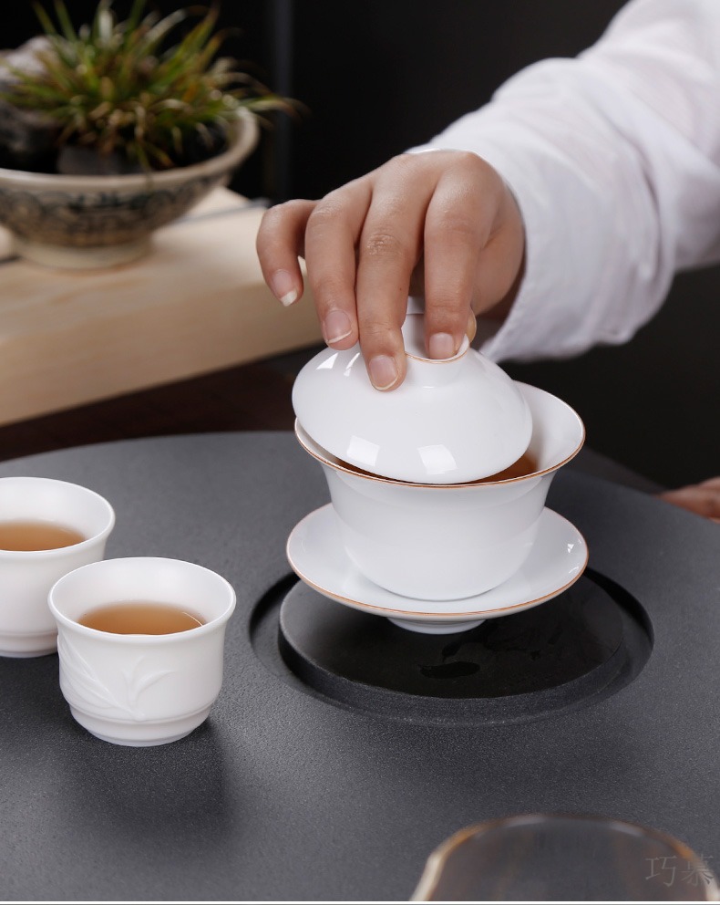 Sweet white jade qiao mu PMZ dehua porcelain ceramic kung fu tea tea tureen lid only three tureen finger size