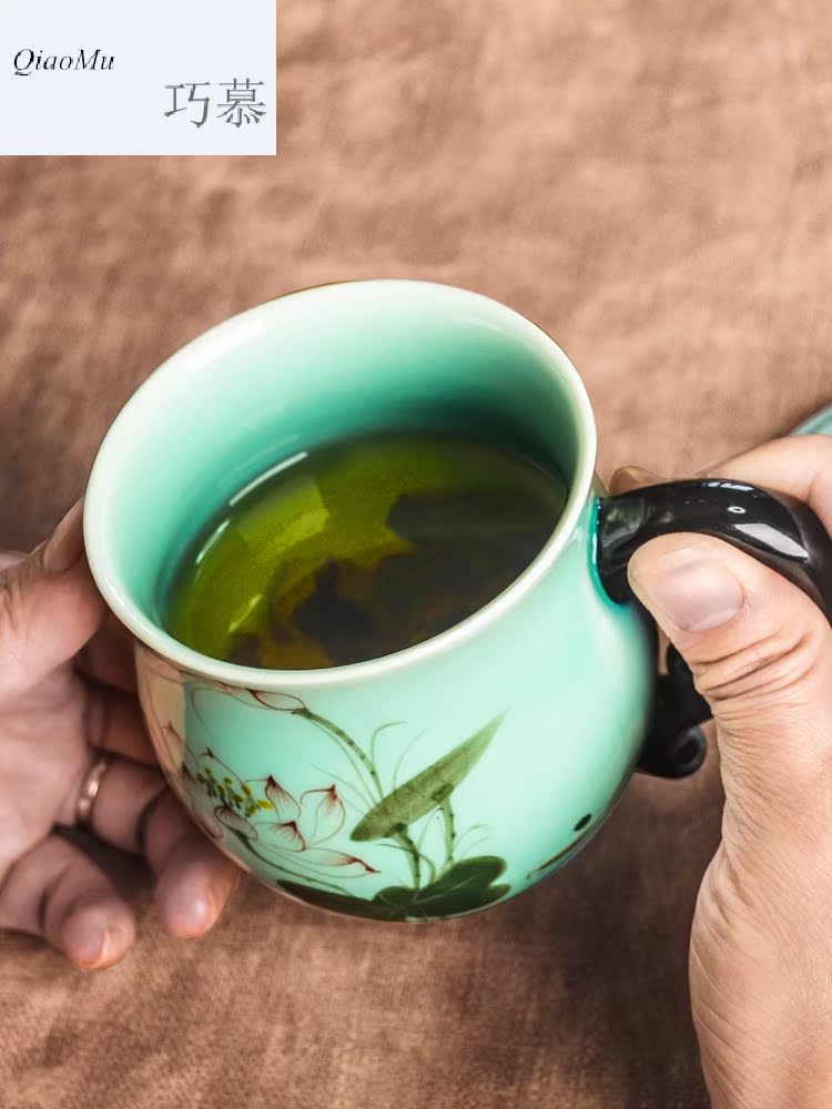 Qiao mu ZHQ jingdezhen hand - made ceramic cup with cover cup home office mark cup gift set celadon
