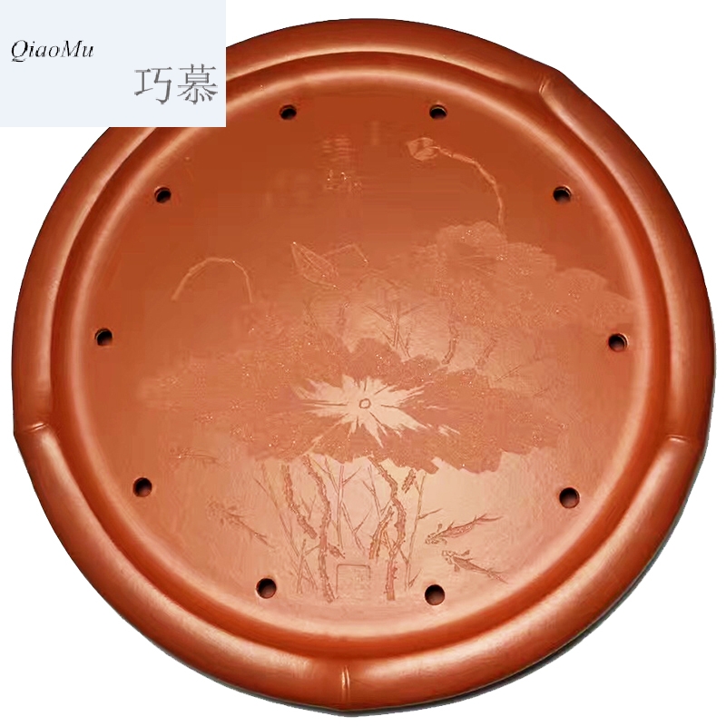 Qiao mu QD yixing purple sand large tea tray manually round tea table double drainage the draw tea pot of kung fu tea set