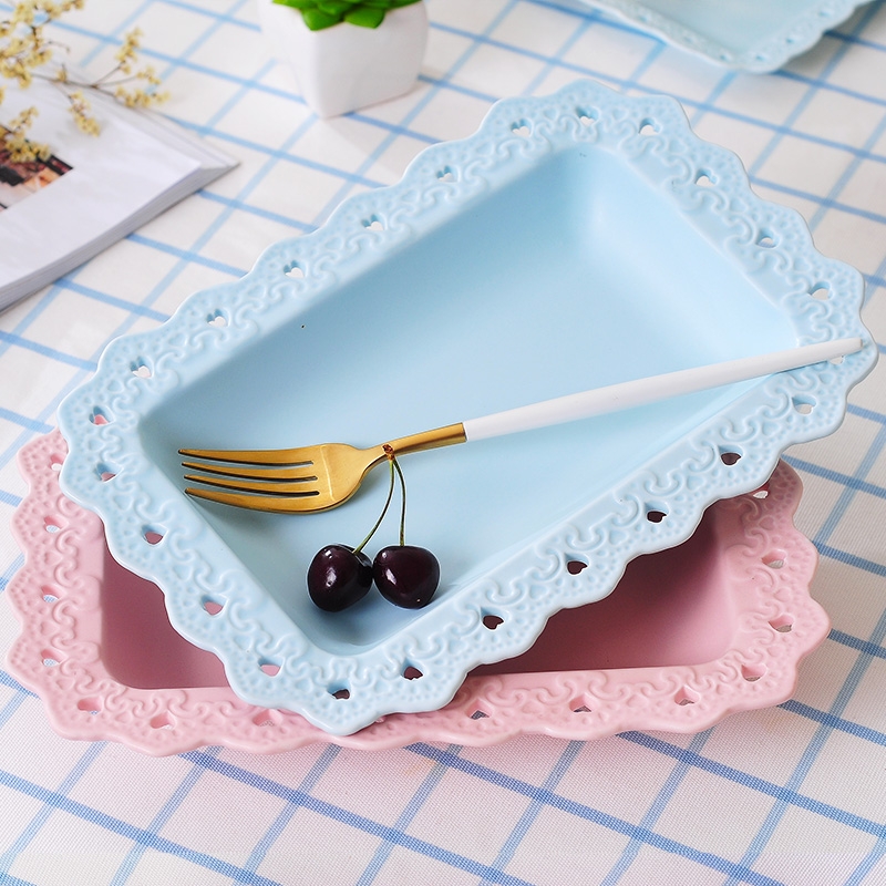 Qiao mu square ceramic hollow out creative Japanese steak dish western - style food tableware household food dish plate plate of fruit