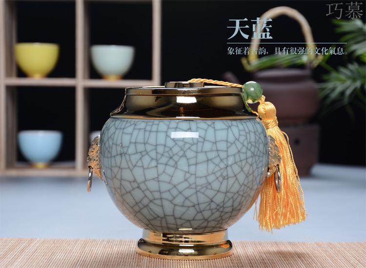 Qiao mu ceramic gold - plated caddy fixings large elder brother up with crack celadon seal storage jar, black tea, green tea package