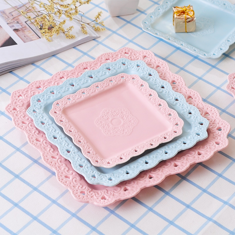 Qiao mu square ceramic hollow out creative Japanese steak dish western - style food tableware household food dish plate plate of fruit