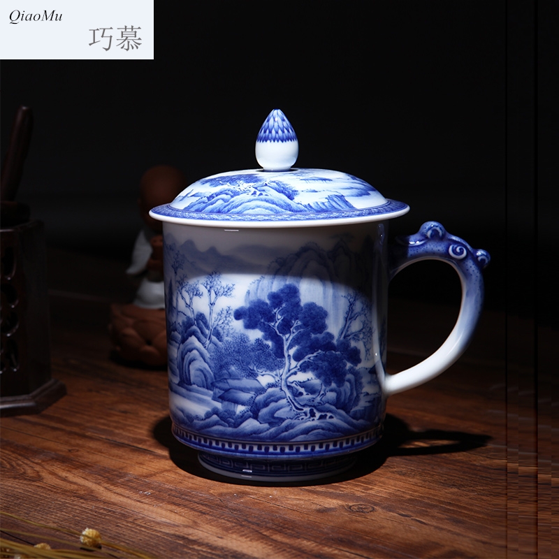 Qiao mu ceramic kung fu tea cups jingdezhen blue and white painting landscape hand - made office cup sample tea cup with cover cups