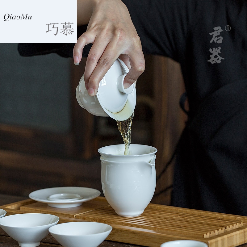 Qiao mu dehua white porcelain tea set suit small household 6 sets of kung fu tea set contracted tureen tea POTS hat to CPU