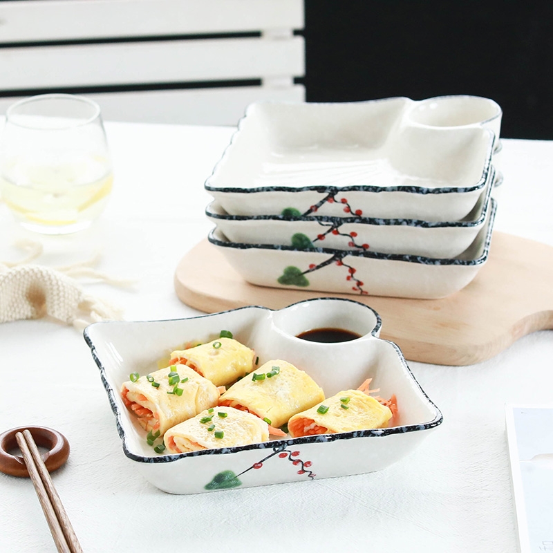 Qiao mu four dumplings plate 】 household vinegar dish creative Japanese rectangle ceramic tableware dishes dumplings