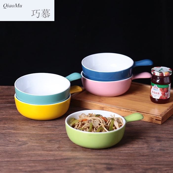 Qiao mu ceramic cheese paella breakfast bowl, lovely tableware large bowl restaurant hotel handle handle mercifully rainbow such use couples