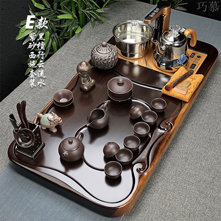 Qiao mu tea set ebony wood, ceramic purple sand tea tray was kung fu tea set of a complete set of full automatic quick furnace