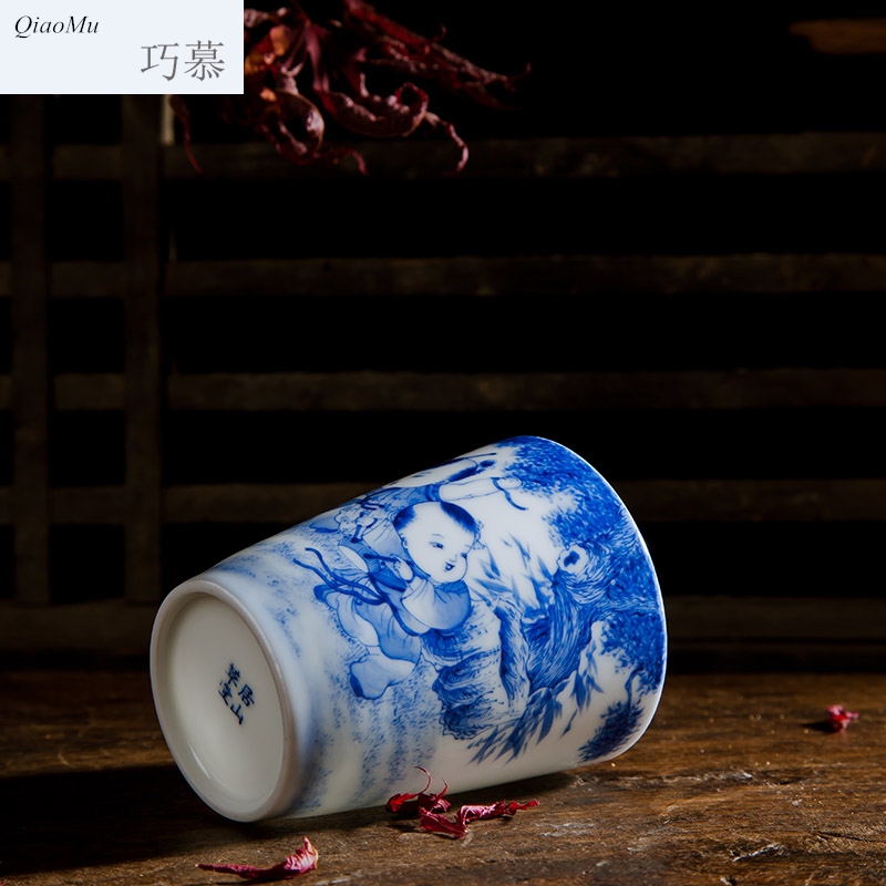 Qiao mu jingdezhen hand - made porcelain tea set the boy hand cups fragrance - smelling cup pure manual under the glaze color