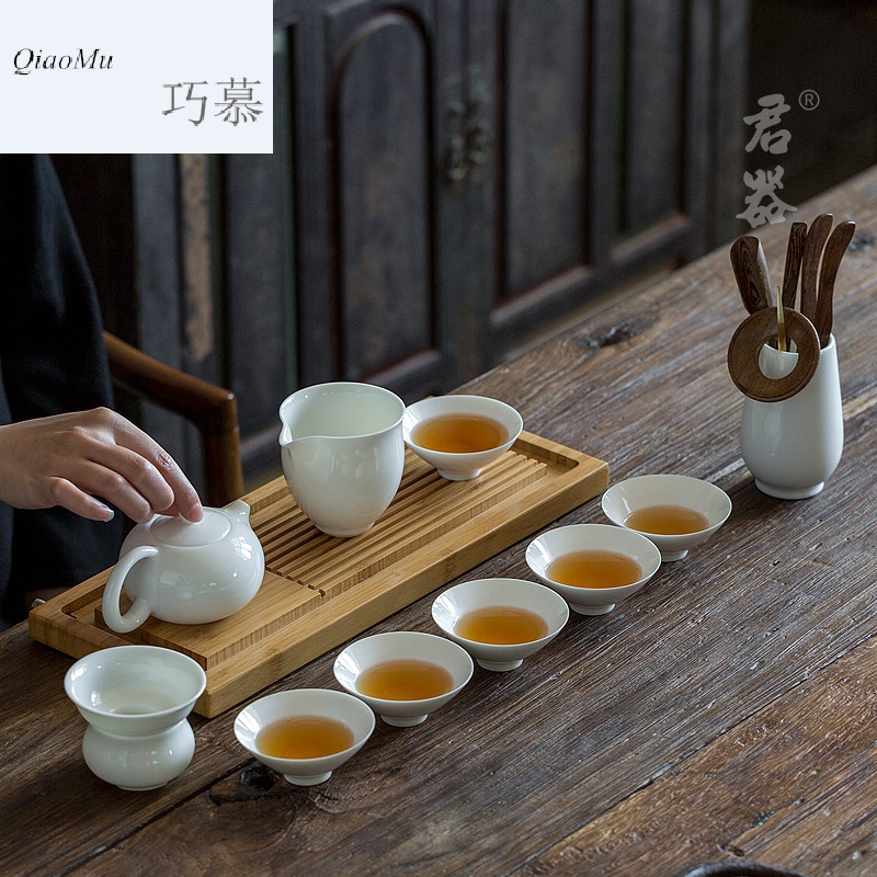 Qiao mu dehua white porcelain tea set suit small household 6 sets of kung fu tea set contracted tureen tea POTS hat to CPU