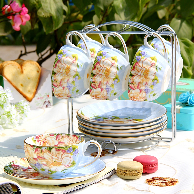 Qiao mu coffee cup set ceramic European tea English afternoon tea tea set red cup dish 6 cup dish rack