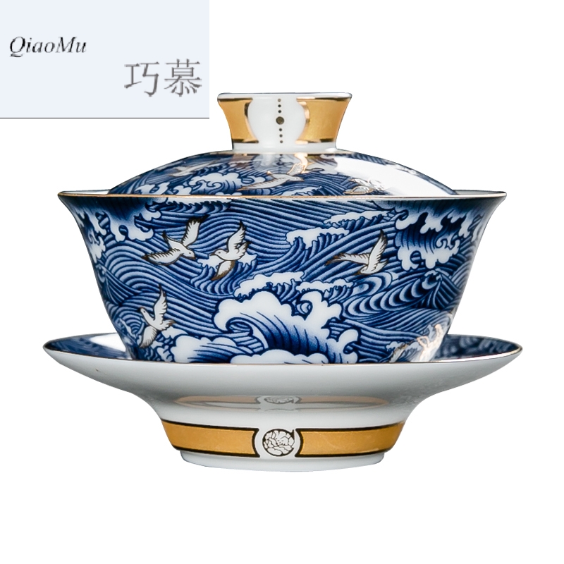 Qiao mu of jingdezhen blue and white porcelain tea tureen large for ceramic kung fu tea set three to toast bowl bowl is not hot